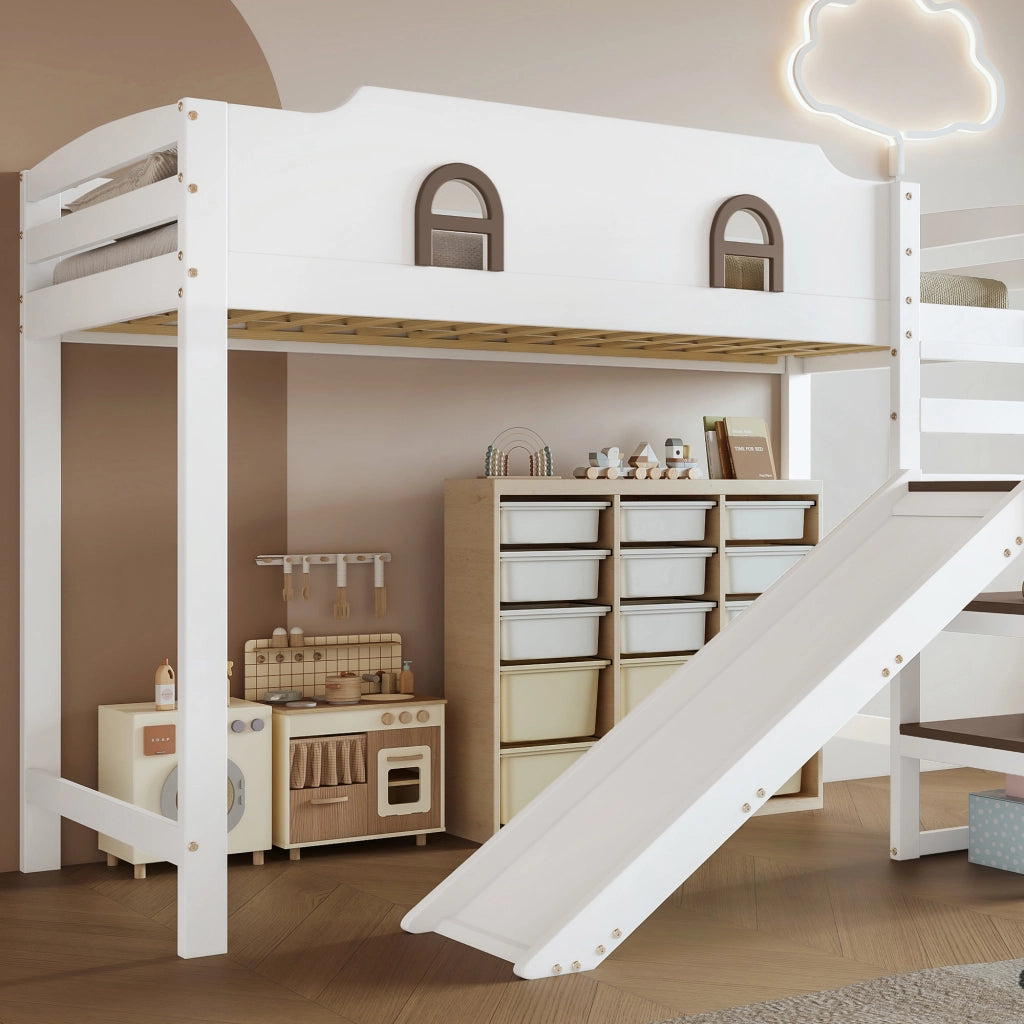 Letto a Castello 90x200 cm - Scivolo; Scala con Corrimano e 2 Armadietti - Bianco