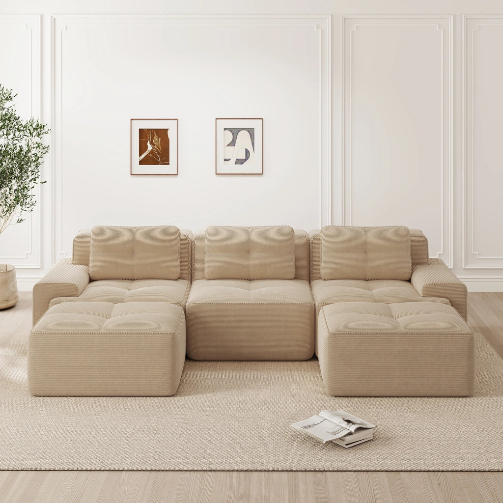 Divano modulare senza armatura; seduta profonda; tessuto a coste; beige