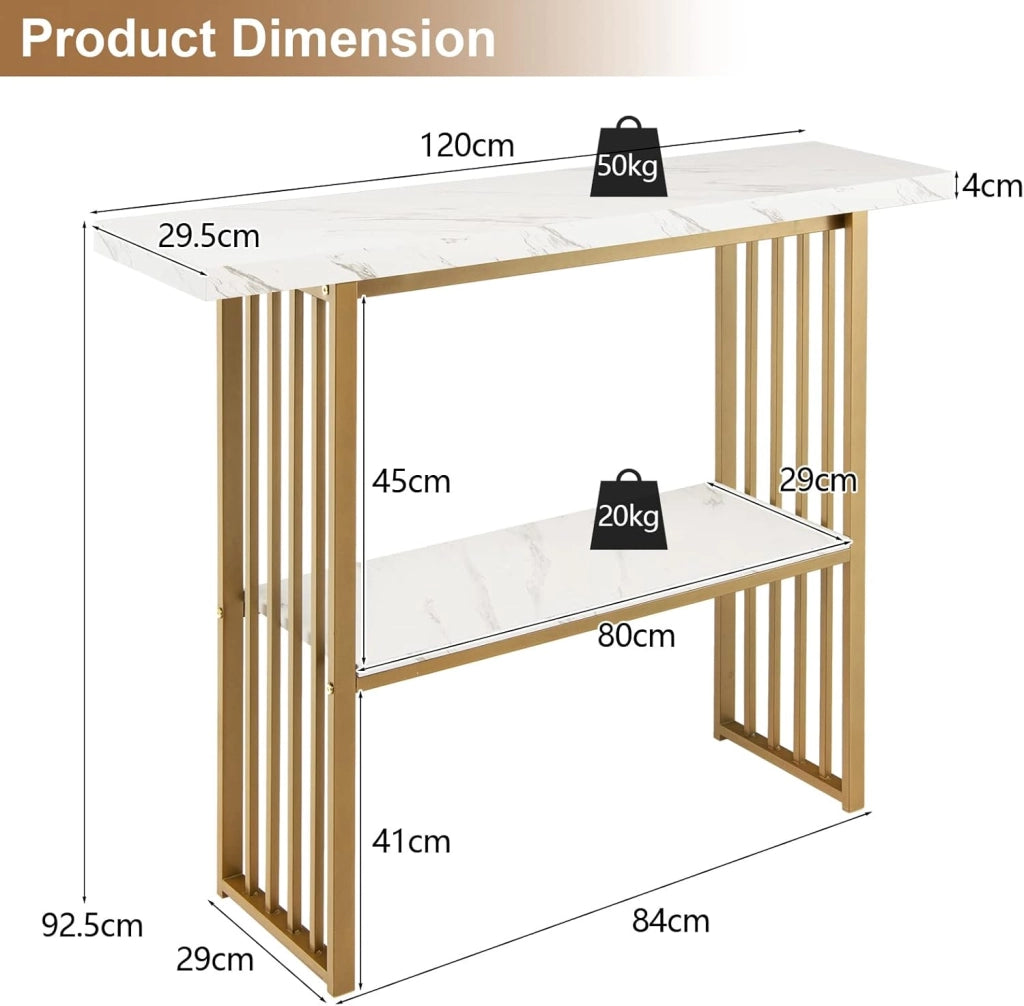 Tavolo Consolle da Divano in Acciaio con Motivo a Forma di Marmo, Tavolo da Ingresso con 2 Ripiani, Salvaspazio e Superficie Liscia per Soggiorno, Salotto, Ingresso, 120 x 29,5 x 93 cm