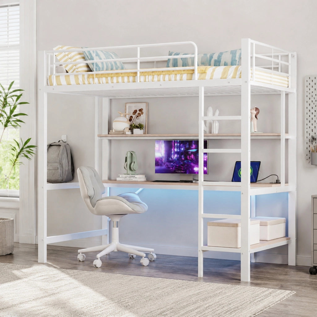 Letto a soppalco con scrivania, libreria e luci ambientali
