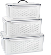 Contenitori di conservazione per frutta e verdura con coperchio e griglia, set da 3 organizzatori in plastica per frigorifero, contenitori di conservazione per frigorifero, lattine per frigorifero a chiusura ermetica e rimovibile.