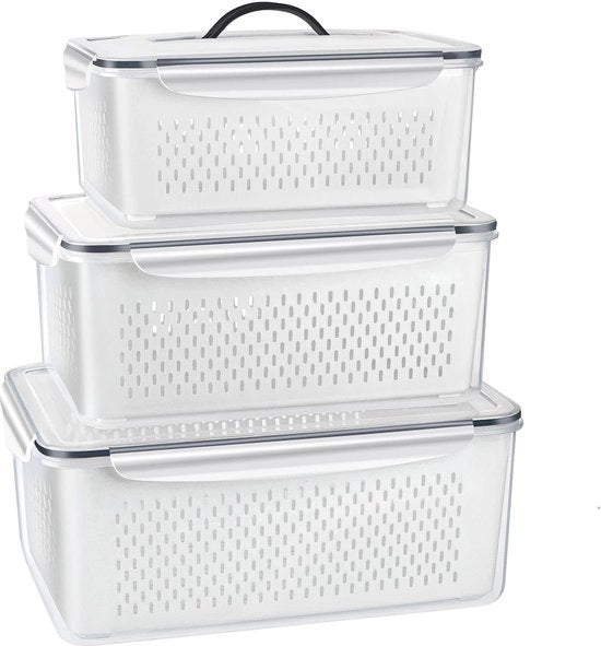 Contenitori di conservazione per frutta e verdura con coperchio e griglia, set da 3 organizzatori in plastica per frigorifero, contenitori di conservazione per frigorifero, lattine per frigorifero a chiusura ermetica e rimovibile.