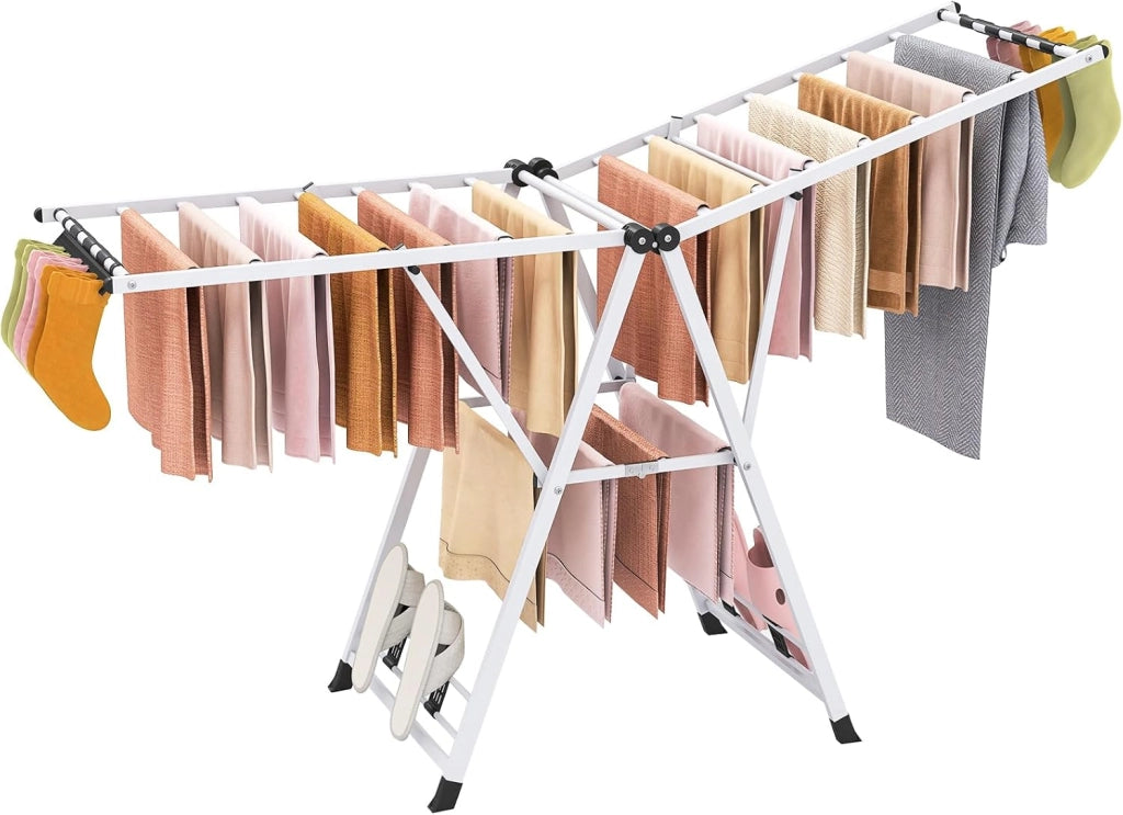 Stendibiancheria con 20 Barre, Stendino Pieghevole in Metallo Regolabili in Altezza, Clips per Calzini, Supporto per Abbigliamento Autoposante a Ali per Interno Esterno (Bianco)