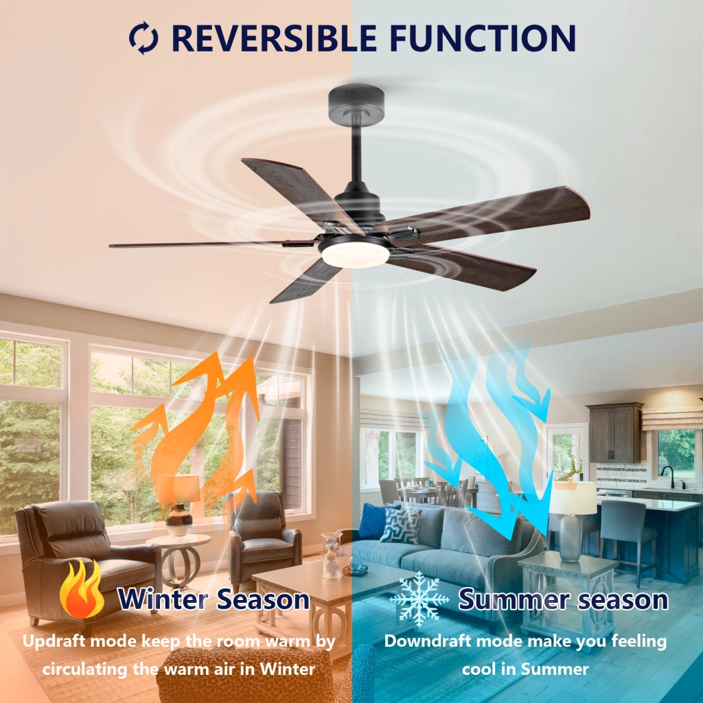 Ventilatore da soffitto nero con luce e telecomando 6 velocità motore DC reversibile 52 pollici metallo e legno
