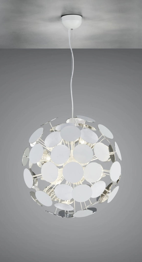 DISCALGO SOSPENSIONE SFERA TONDI METALLO BIANCO OPACO + ARGENTO D. 54CM 6 LUCI ATTACCO E14