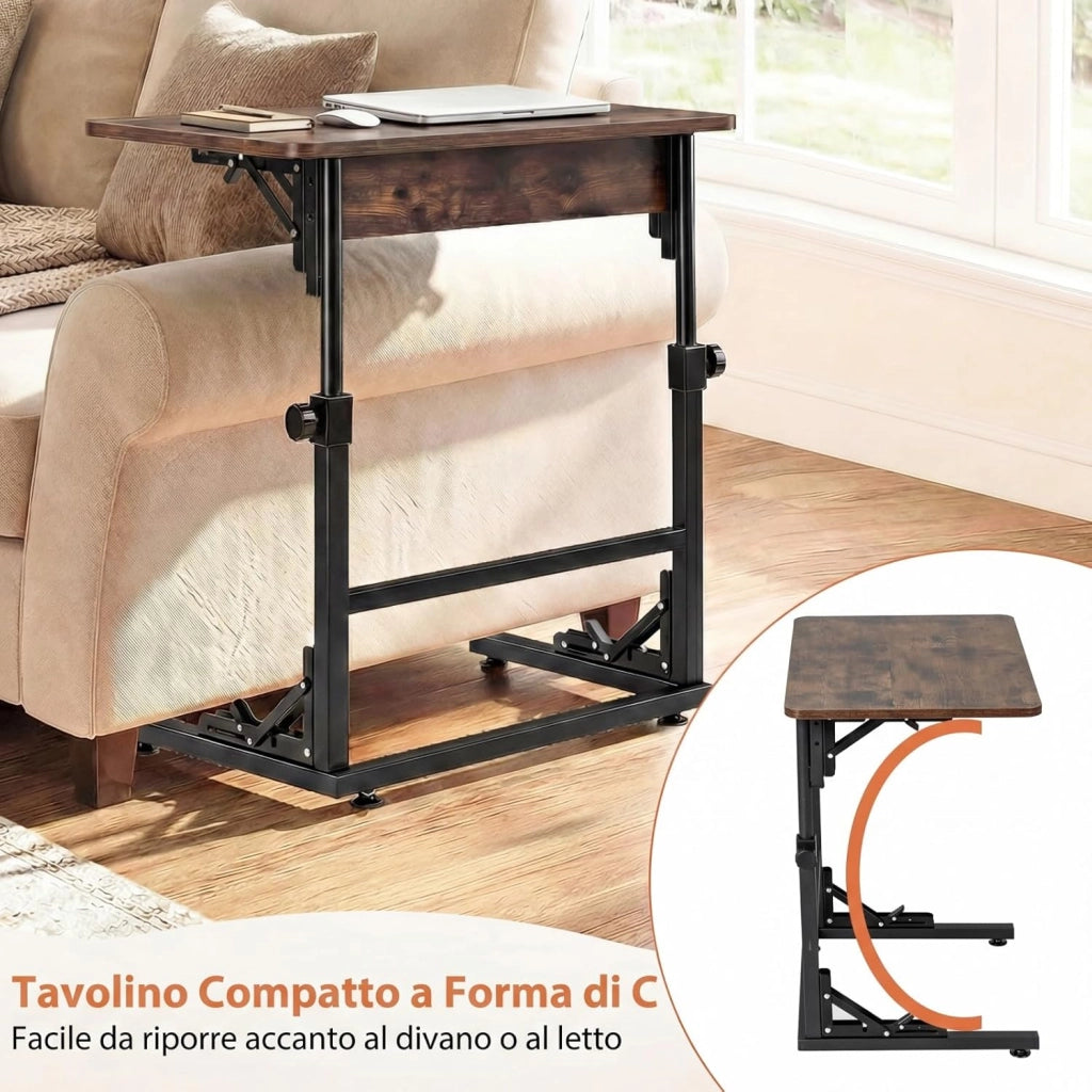 Tavolino da Divano e Letto, Tavolino Laterale Pieghevole e Regolabile in Altezza con Struttura Metallica e Piedini Antiscivolo, Tavolo per Soggiorno, Camera da Letto e Studio