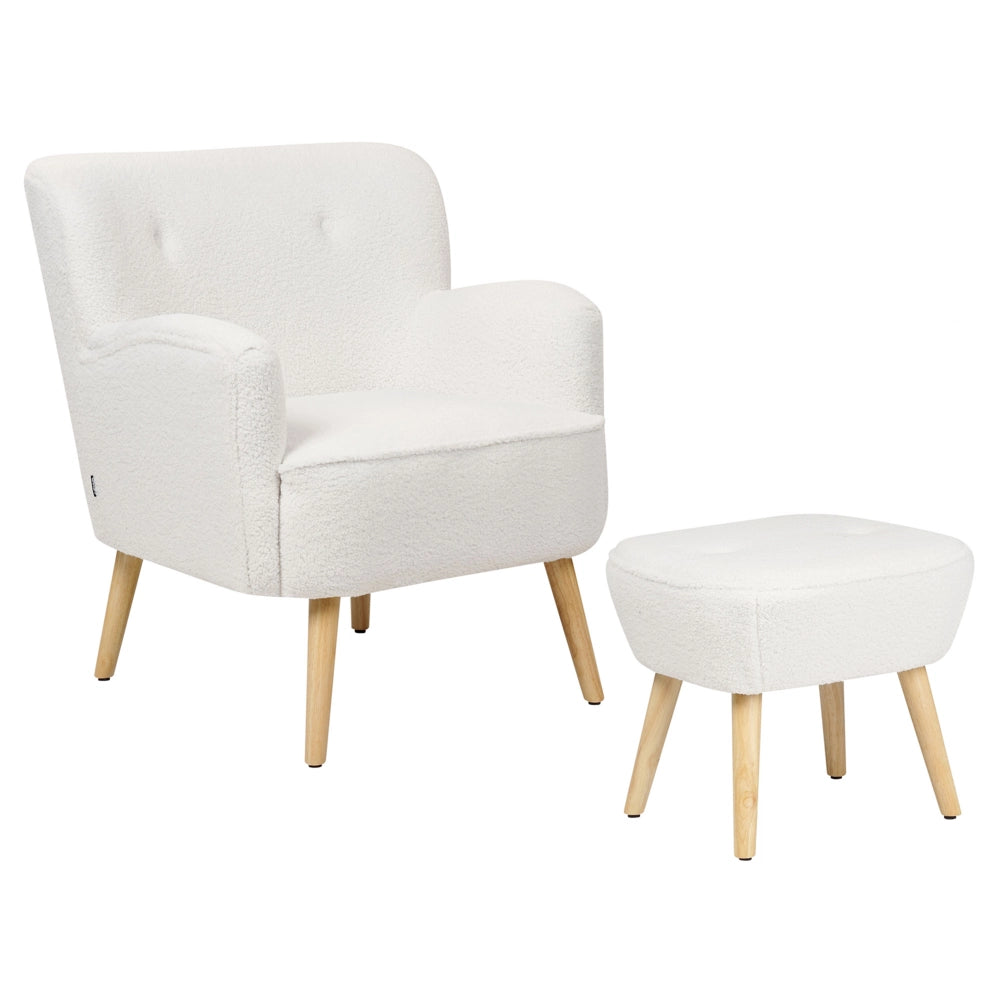 Poltrona Boucle bianco Rivestimento poggiapiedi Gambe in legno Motivo solido Retro Boho Soggiorno