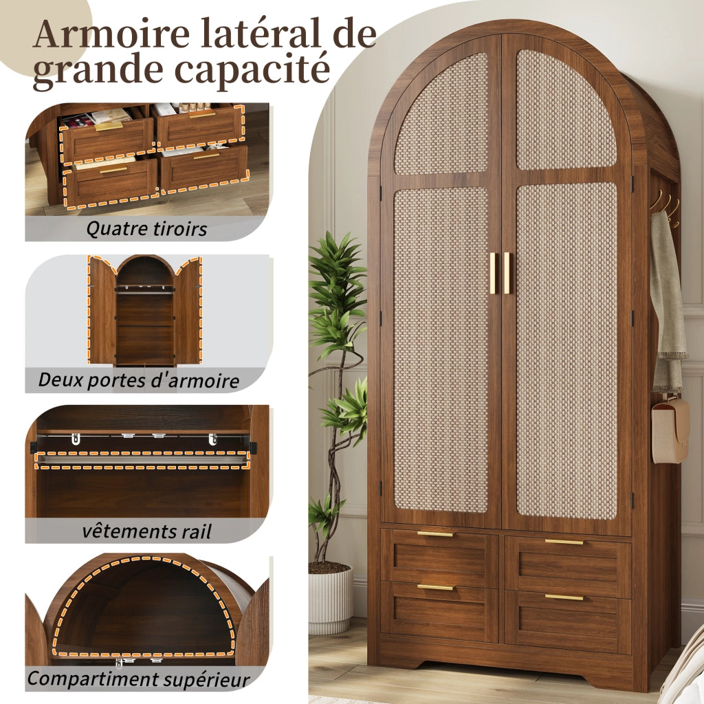 Armadio con ante curve in rattan e cassetto, asta appendiabiti, per camera da letto e ingresso, MDF, noce, 80 × 50 × 179 cm
