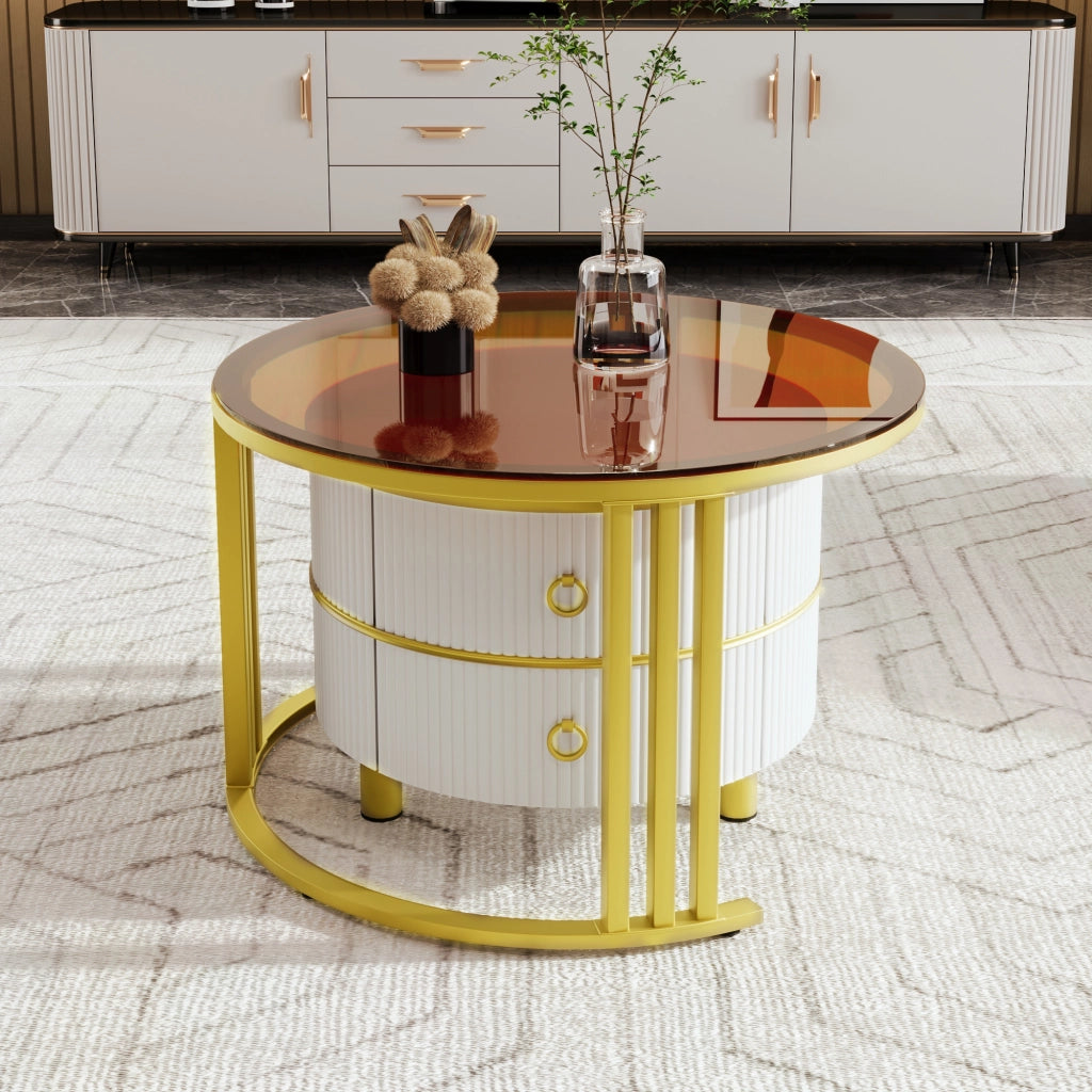 Tavolino da caffè set di 2; 70x70x45 cm e 50x50x40 cm; design rotondo con 2 cassetti; vetro e MDF bianco