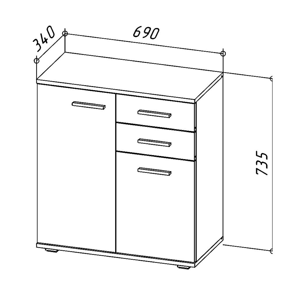 Commode FAUSKE - 2 Cassetti - 2 Ante - Bianco - Larghezza 69 cm, Altezza 74 cm, Profondit? 34 cm