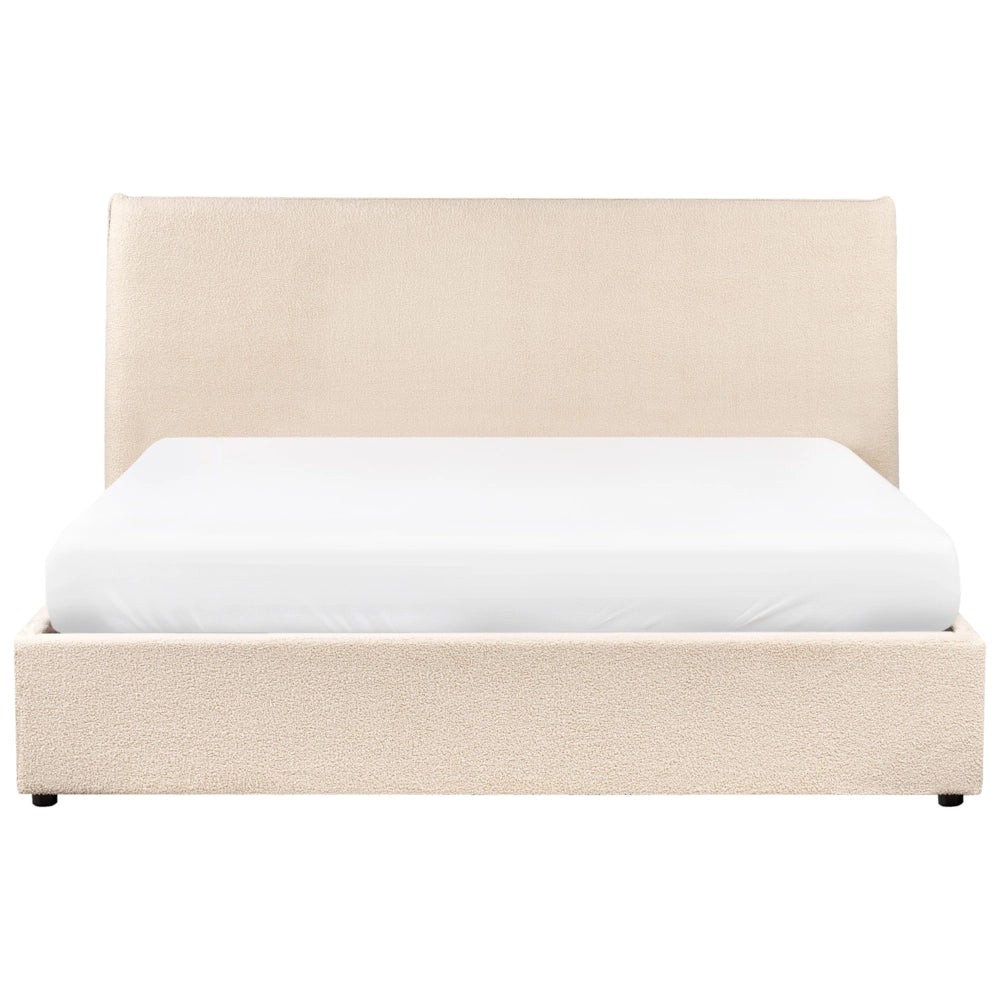 Letto matrimoniale in tessuto bouclé beige testata classica contenitore 160 x 200 cm Doghe in legno