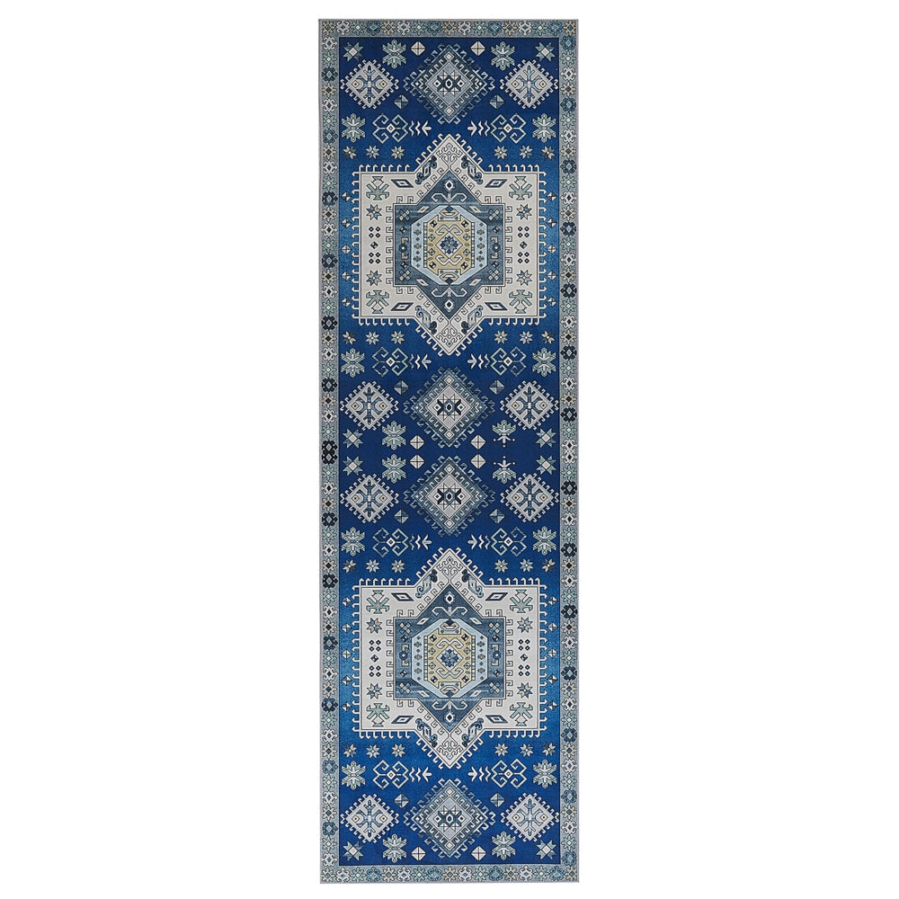 Tappeto passatoia blu poliestere 60 x 200 cm motivo geometrico fondo antiscivolo corridoio moderno