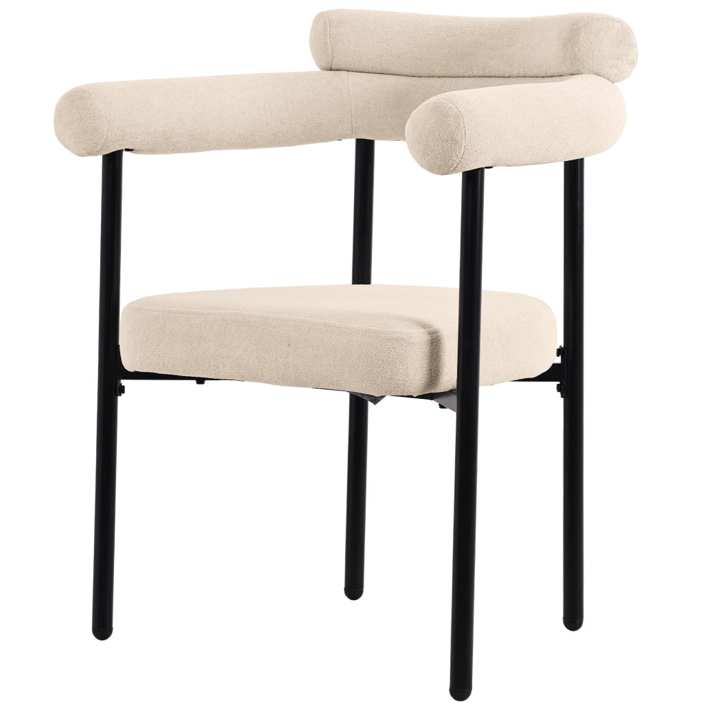 Sedia imbottita beige in tessuto effetto camoscio, struttura in ferro, seduta ampia ed ergonomica, per sala da pranzo, soggiorno e studio