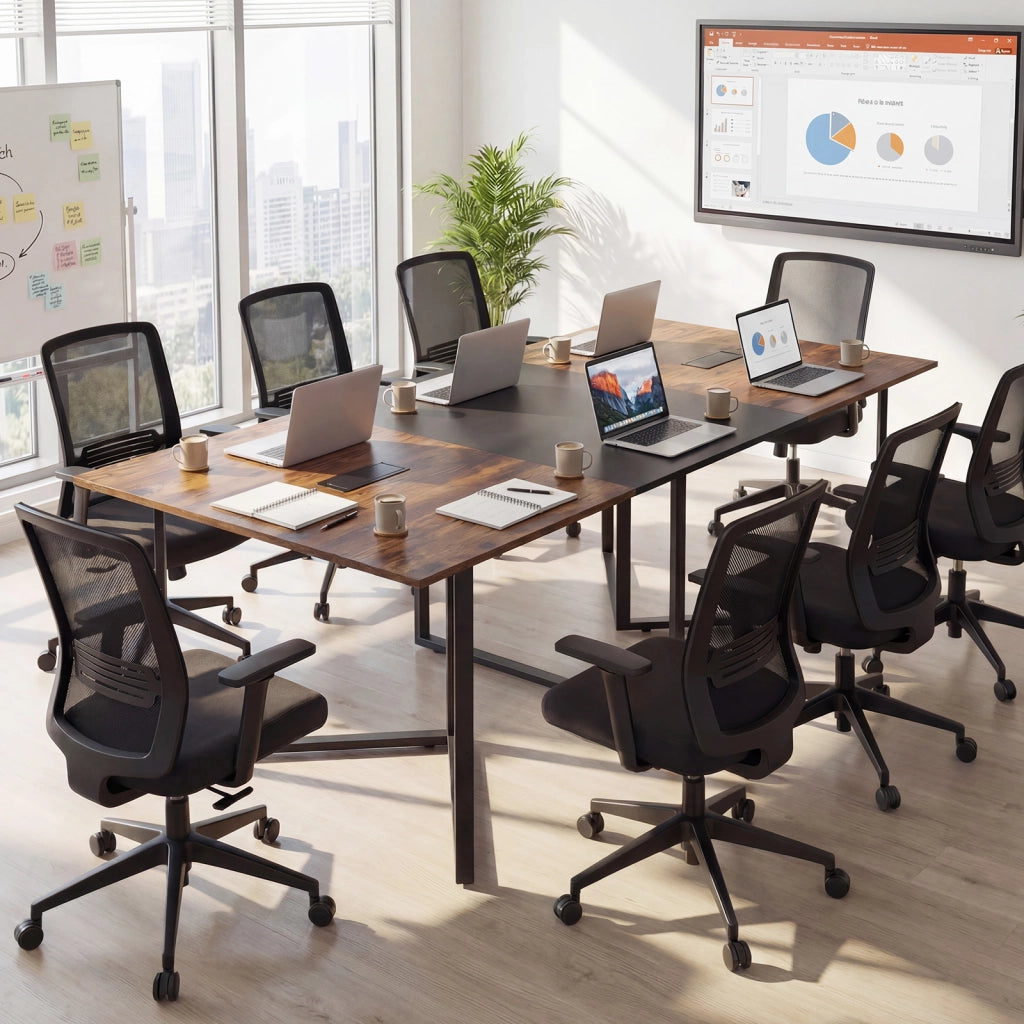 Tavolo da conferenza 180 cm 180x100x76,5 cm 6-8 persone 2 passacavi, Postazione lavoro industriale grande per ufficio sala riunioni