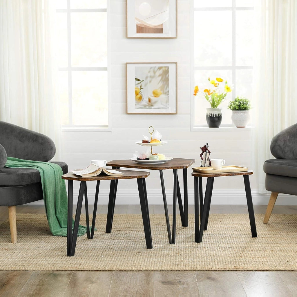 VASAGLE LNT14BX - Set di 3 divani impilabili, resistenti, montaggio semplice, struttura in acciaio, stile industriale, marrone rustico e nero