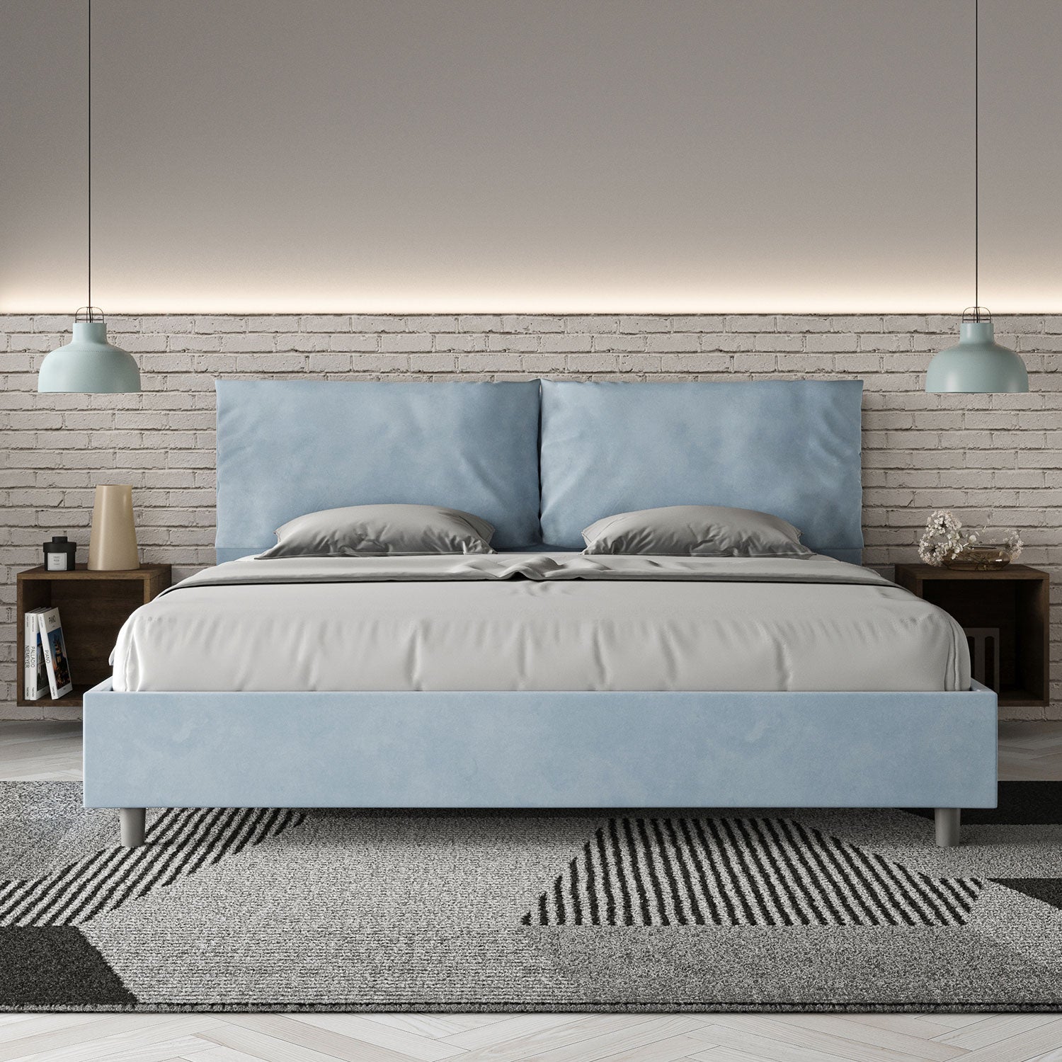 Letto Matrimoniale King Size 200x200 cm con Rete e Contenitore Imbottito in Microfibra Antea Large Azzurro