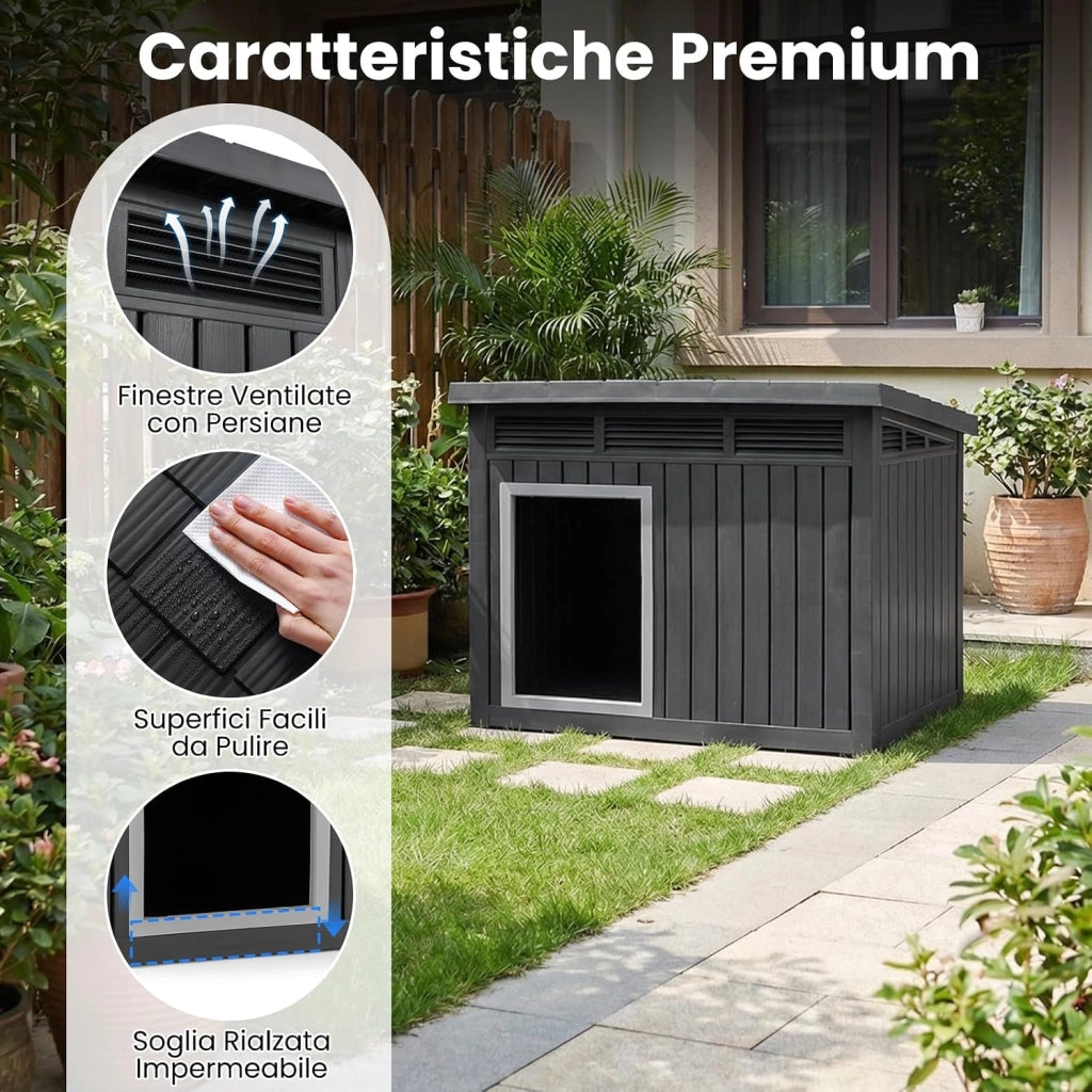 Cuccia per Cani, Cassetta per Animali Domestici in PP con Tetto Inclinato Apribile, Finestre Ventilate a Lamelle e Soglia Rialzata, Cuccia da Interna ed Esterna, 81 x 64 x 61 cm