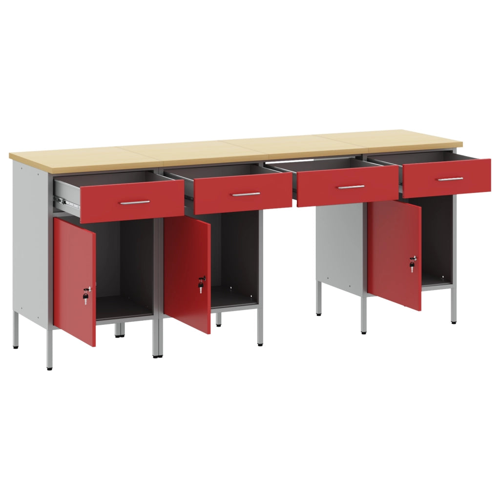 Set da Tavolo e Armadietto da Lavoro in 4 Pezzi Rosso in Legno Ingegnerizzato e Acciaio