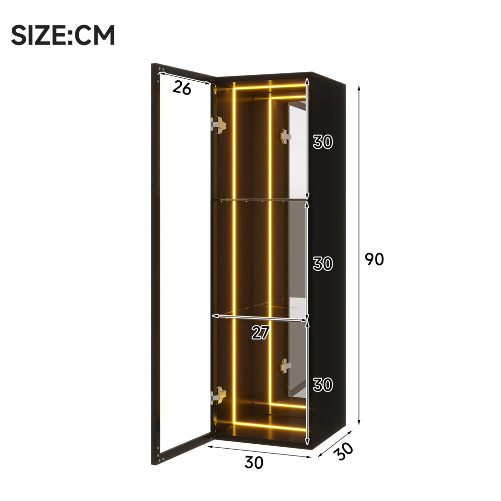 Vetrina 30x30x90 cm con LED e ripiani regolabili in MDF; alluminio e vetro temperato nera