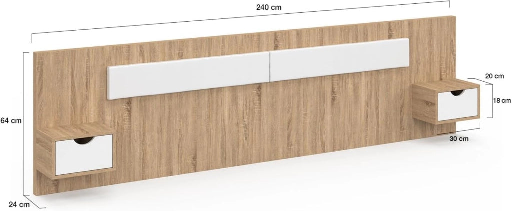 Testata sospesa SANTA con comodini per letti da 140, 160 e 180 cm in legno e bianco