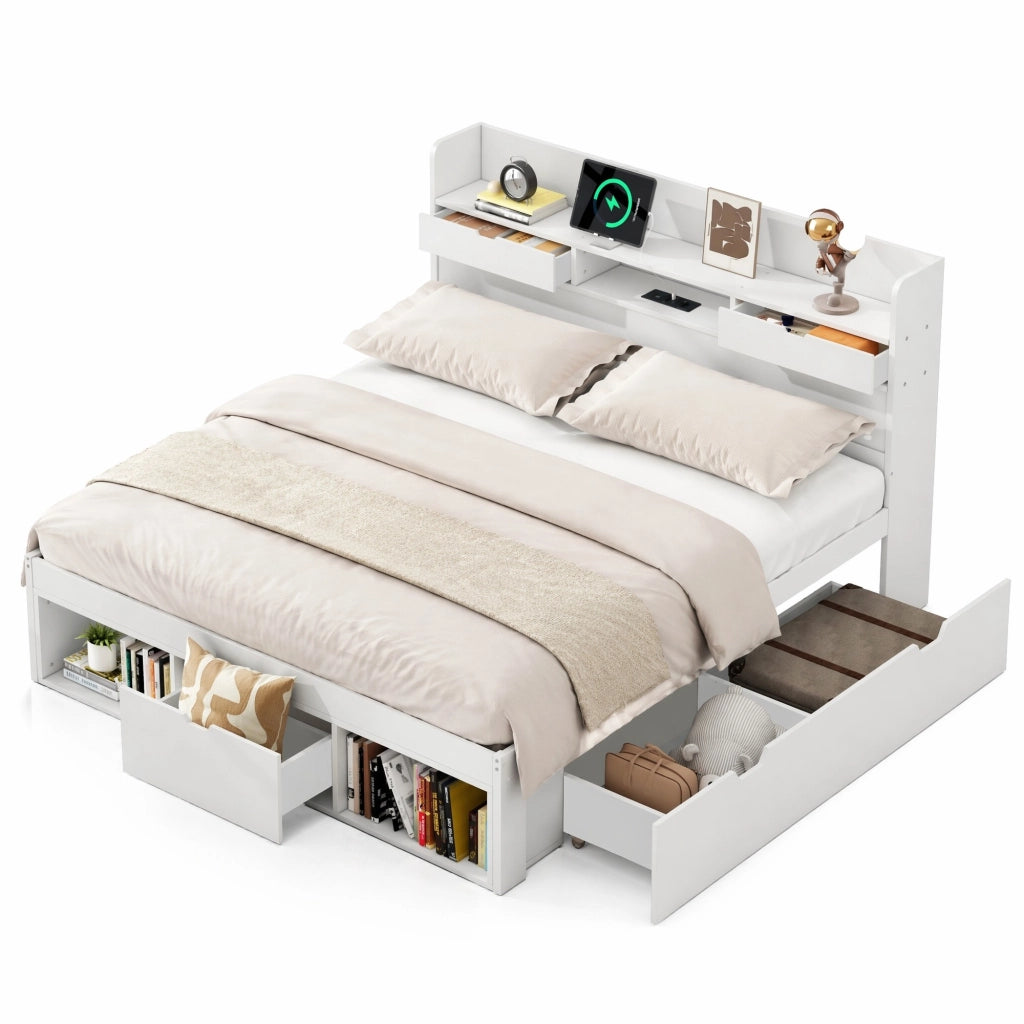 Letto multifunzionale 140x190 cm con USB, vani contenitore e cassetti, bianco, senza materasso
