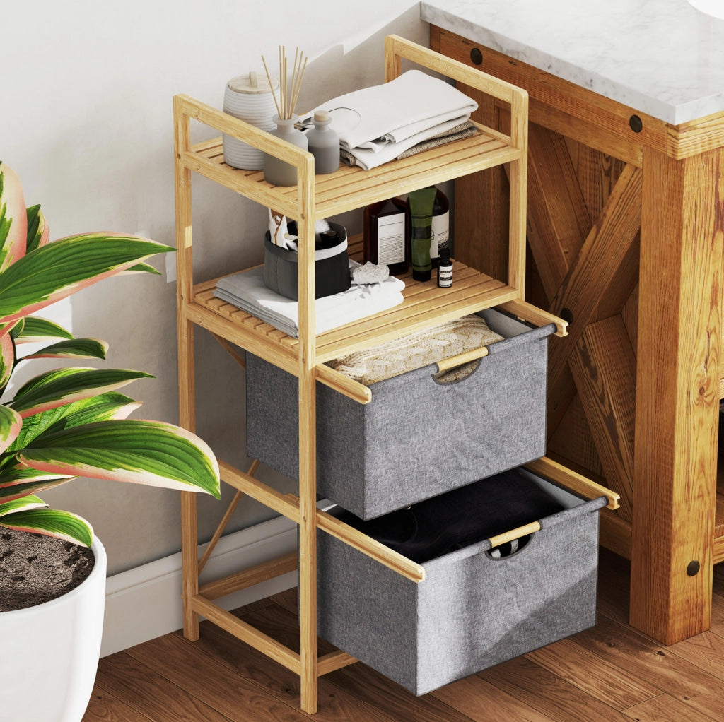 Portabiancheria in bambù con 2 cestini in stoffa da 17,7 L e ripiani aperti, 44x34x96 cm, colore naturale