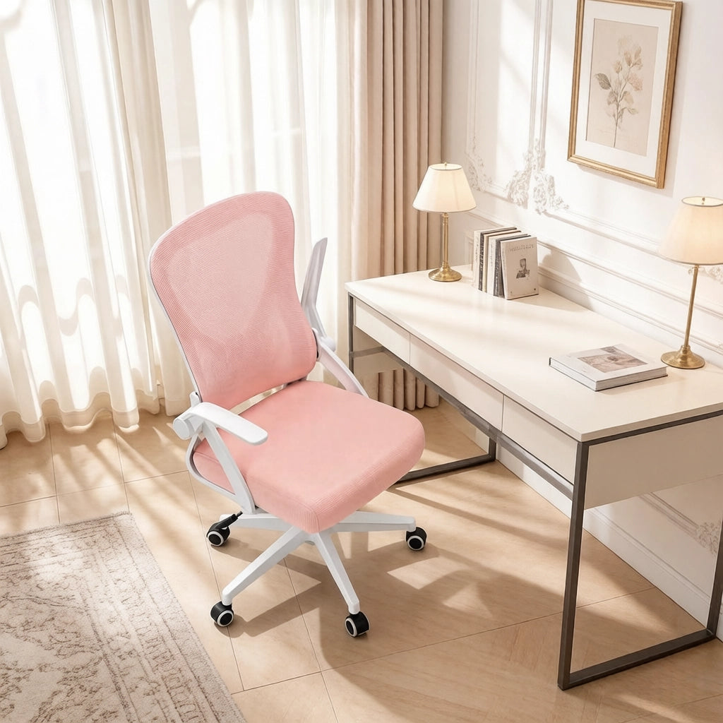 Sedia da ufficio girevole ergonomica con schienale reclinabile e braccioli pieghevoli, seduta in rete e schiuma rosa