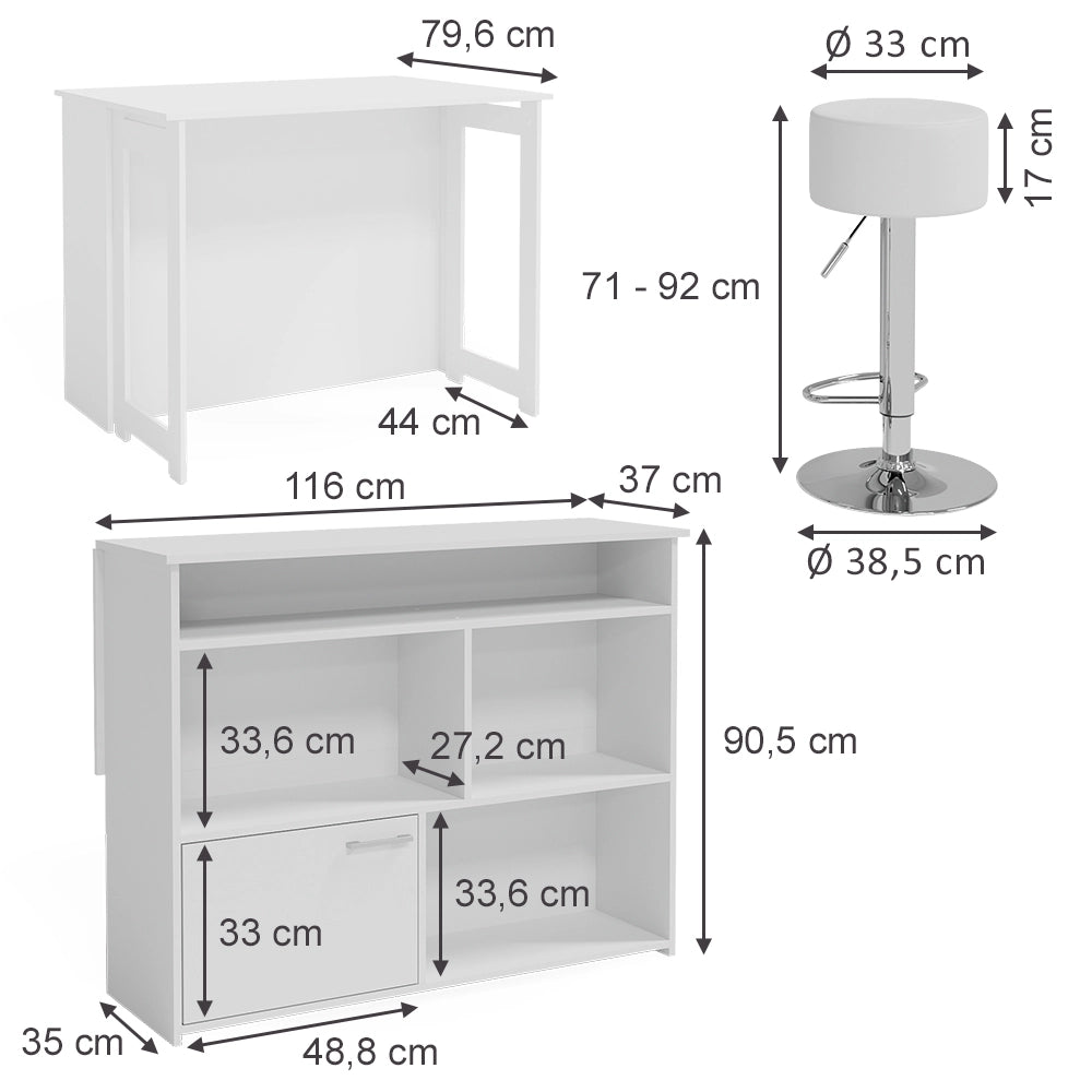 Vicco Tavolo bar con sgabelli Bianco 116 x 37 cm con 2 sgabelli da bar