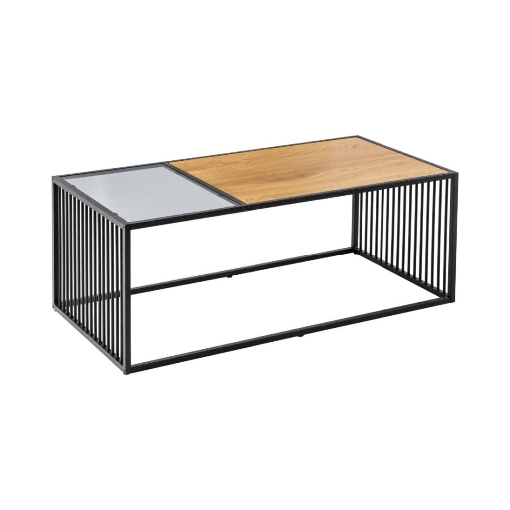 Tavolino basso ABITTA rettangolare 100 cm in rovere chiaro e vetro fumé - Moderno con piano misto legno e vetro
