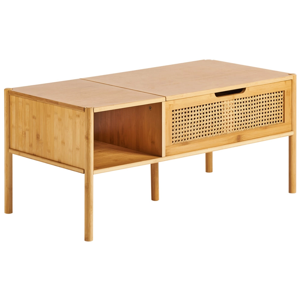 Tavolino da caffè in bambù naturale e rattan 99 x 48 cm con piano d'appoggio per il soggiorno in stile Boho