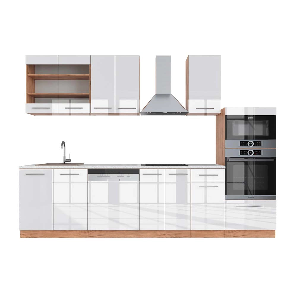 Cucina componibile Fame-Line Bianco lucido/Rovere dorato 300 cm con armadio alto, PL Marmo Vicco