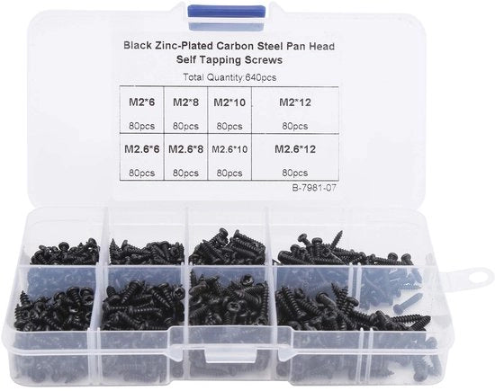 Set di viti a 640 pezzi - Assortimento di viti - Acciaio al carbonio - Viti a testa a bolla - Nero - Varie misure M2/M2.6 - Materiale di fissaggio