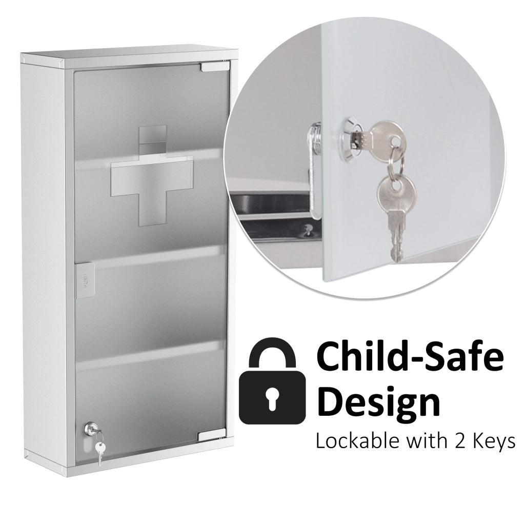 Armadietto da bagno con serratura in acciaio inox e vetro satinato per medicinali, per bagno, argento, 30 × 12 × 60 cm
