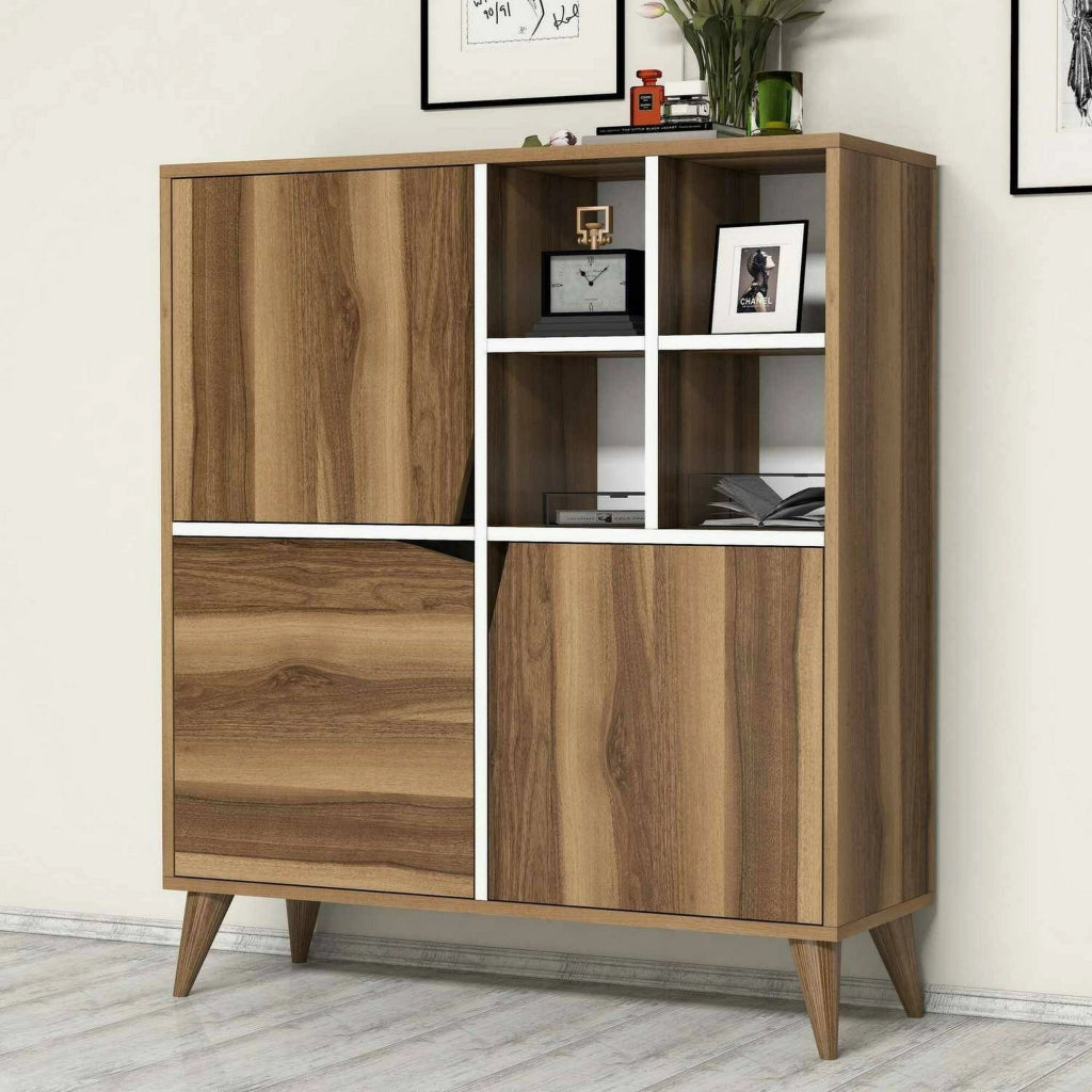 Credenza Barasso, Buffet da soggiorno, Madia da salotto, Dispensa da cucina, 100x30h115 cm, Noce e Bianco