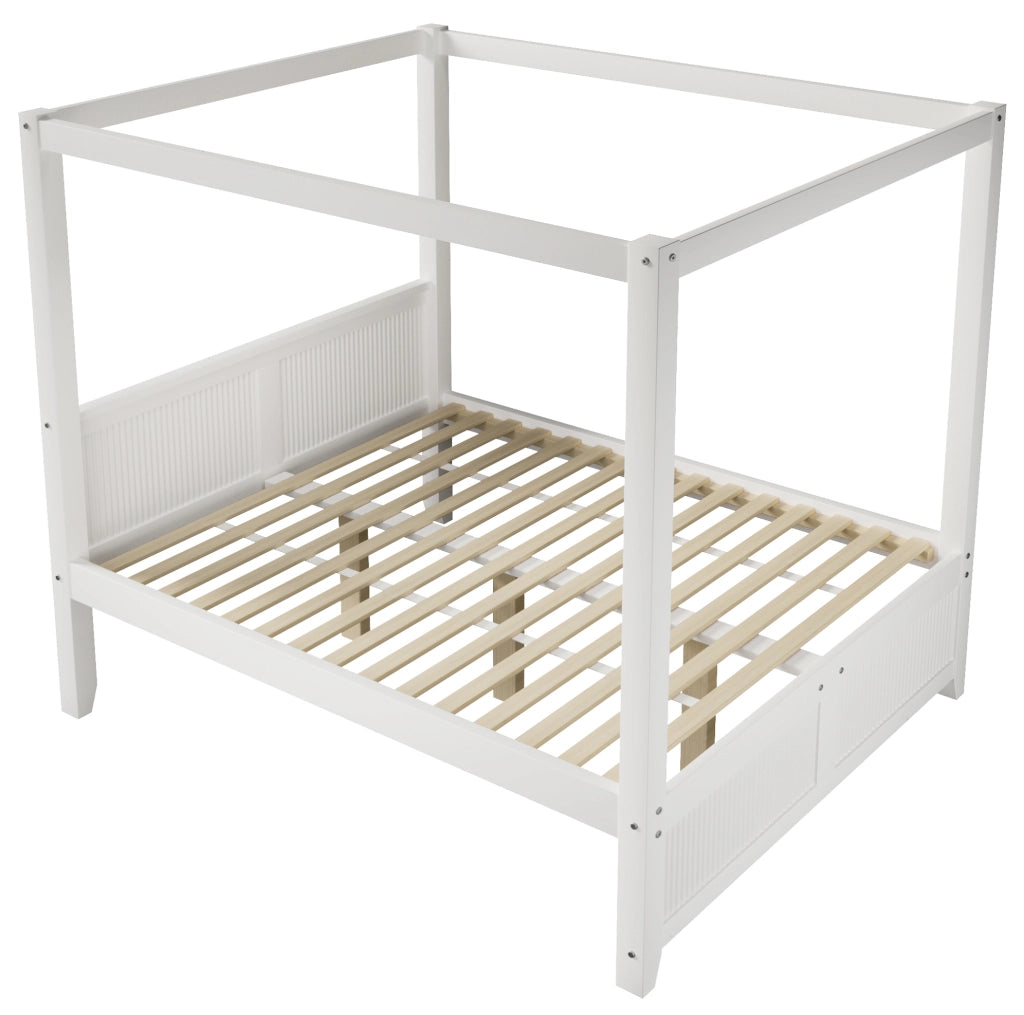 Letto a baldacchino 140 x 200 cm con lamelle verticali in pino e MDF; bianco