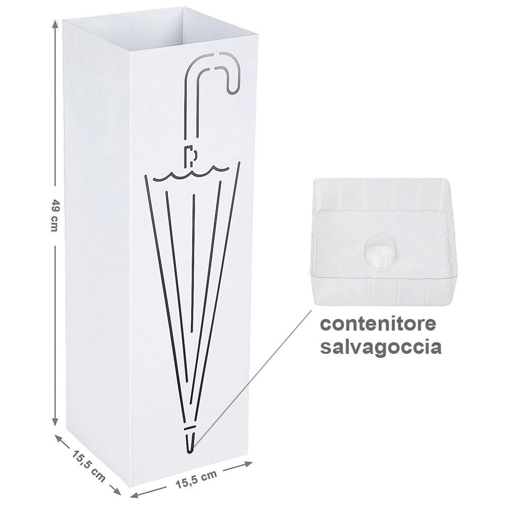 Portaombrelli Ferro Design Quadrato Stand Bianco Vaschetta Salvagoccia