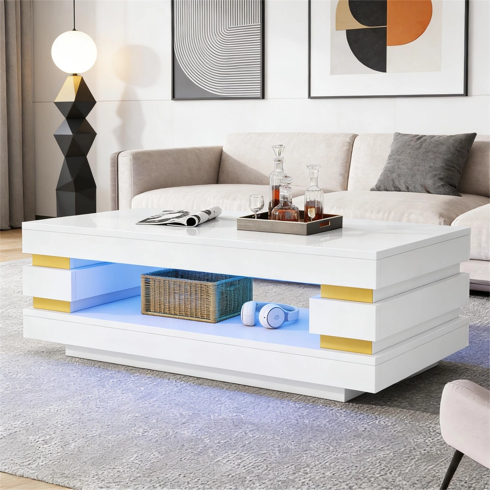 Tavolino da Caff¨¨ con Vano Contenitore e LED ¨C Xylo ¨C Truciolato Bianco Lucido, 100x50x35