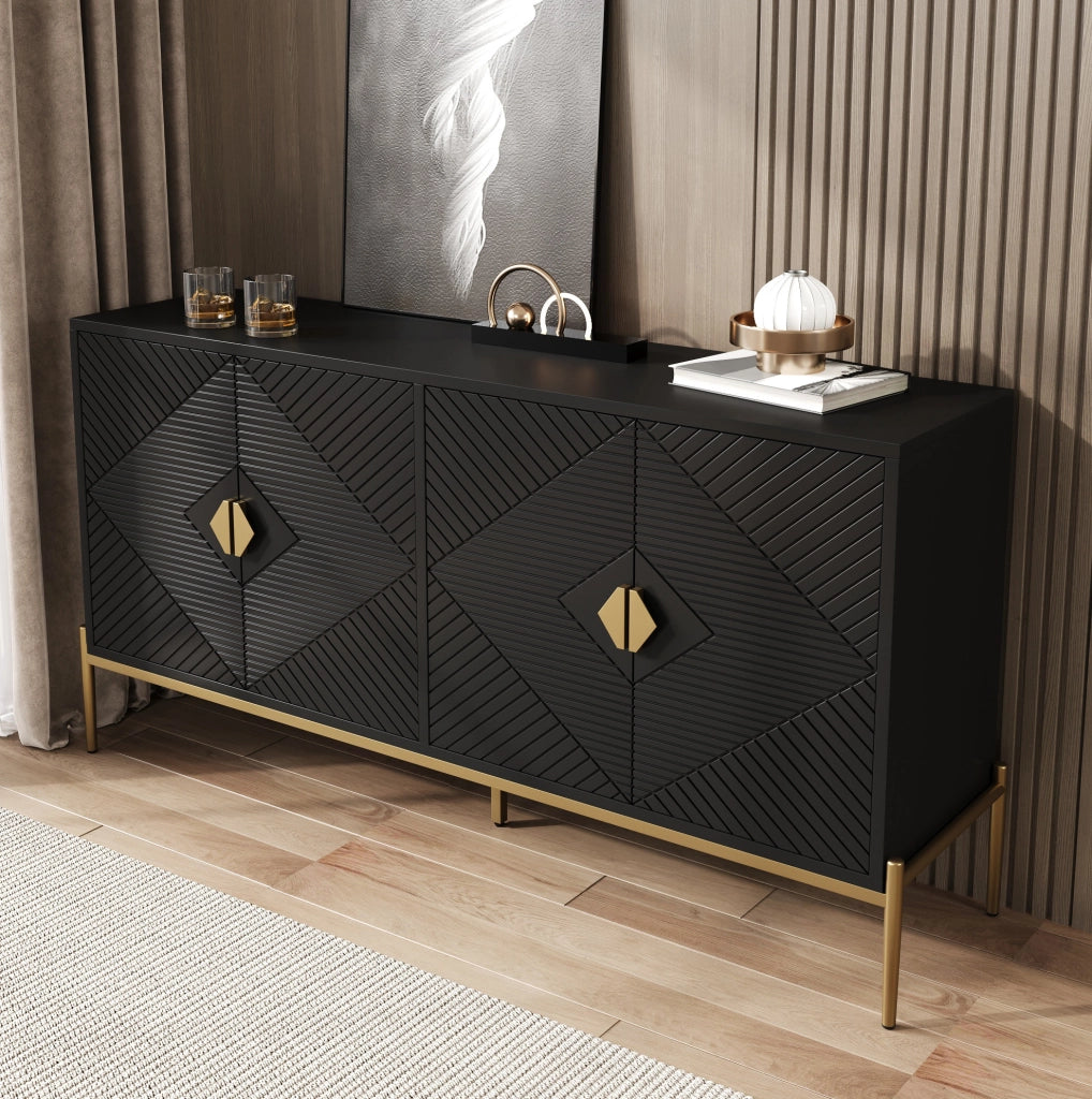 Credenza 162x40x80 cm nera in MDF e pannello truciolare, 4 ante