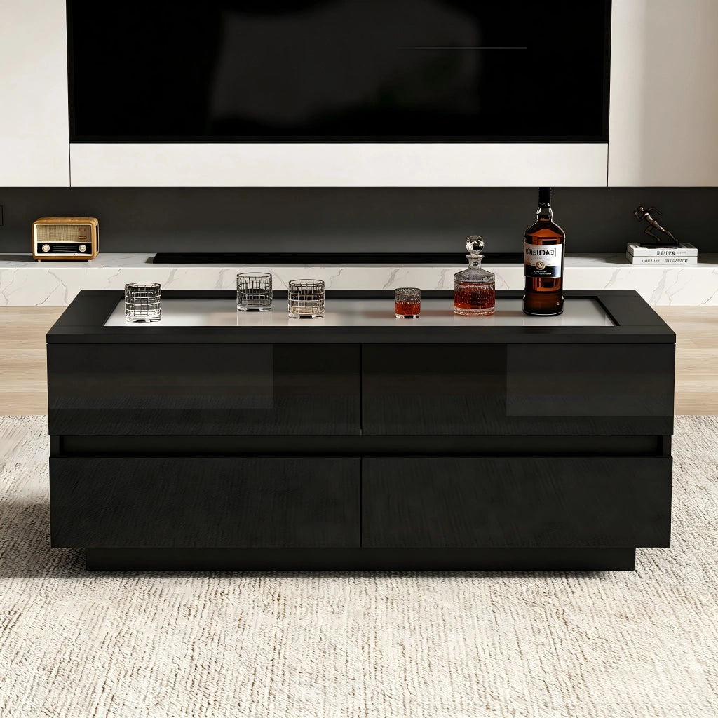 Tavolino da salotto nero 100¡Á50¡Á40 cm con 4 cassetti, piano in vetro temperato, LED e frontali lucidi