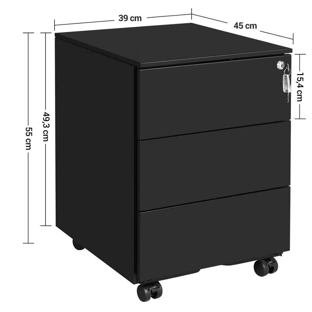 Mobiletto portaoggetti con serratura 3 cassetti per documenti e cancelleria premontato per l'ufficio domestico 39 x 45 x 55 cm nero opaco 12_0004819