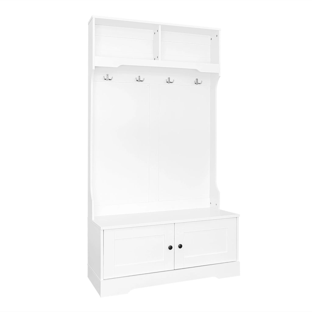 Mobile ingresso con panca; 2 ante; 2 vani aperti e 4 ganci; per ingresso; bianco; 101.5 × 183 cm
