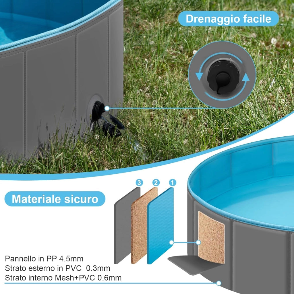 Piscina Cani Gatti con Copertura, Vasca da Bagno Pieghevole Portabile, PVC Piscina per Animali Domestici, Pool Esterno Drenaggio Laterale Veloce, 80x20 cm