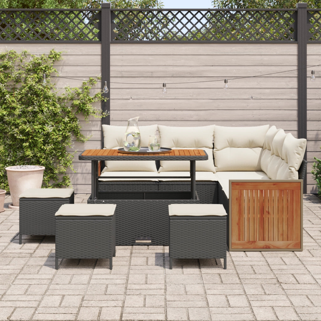 Set di Divano da Giardino 9 Pezzi con Cuscini Nero Polyrattan Legno d'Acacia