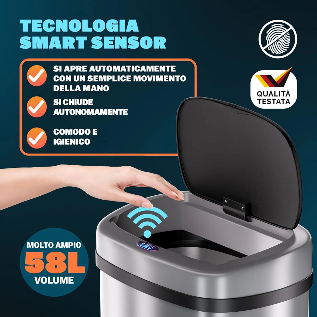 ® Cestino 58L con Sensore Automatico Movimento Display LED Pattumiera Rifiuti Smart Bidone Intelligente Cavo USB