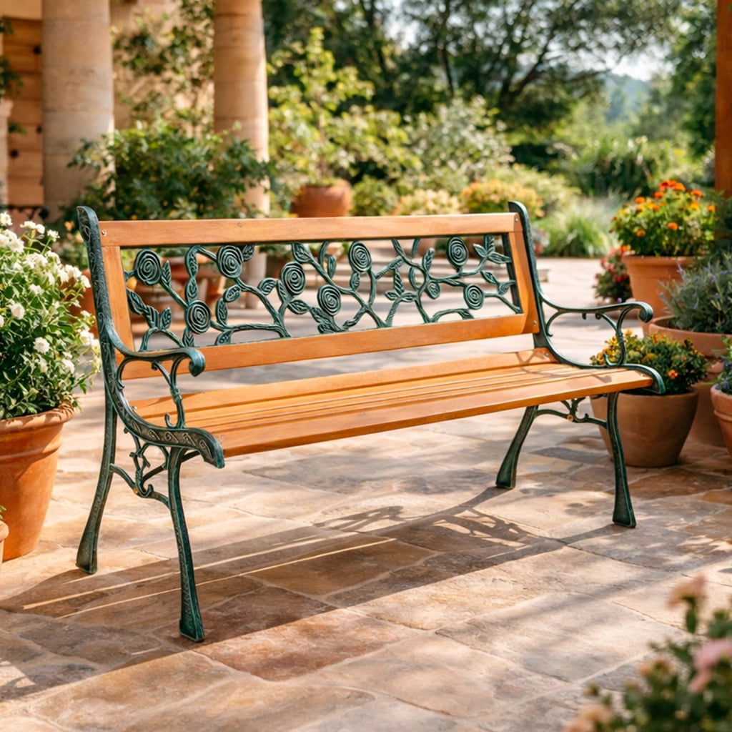 Panchina Da Giardino 2 Posti In Legno Design Vintage Con Schienale A Rose Elegante E Resistente Ideale Per Esterni Terrazzo Balcone Arredo Giardino Classico 124 x 52 x 74 Cm