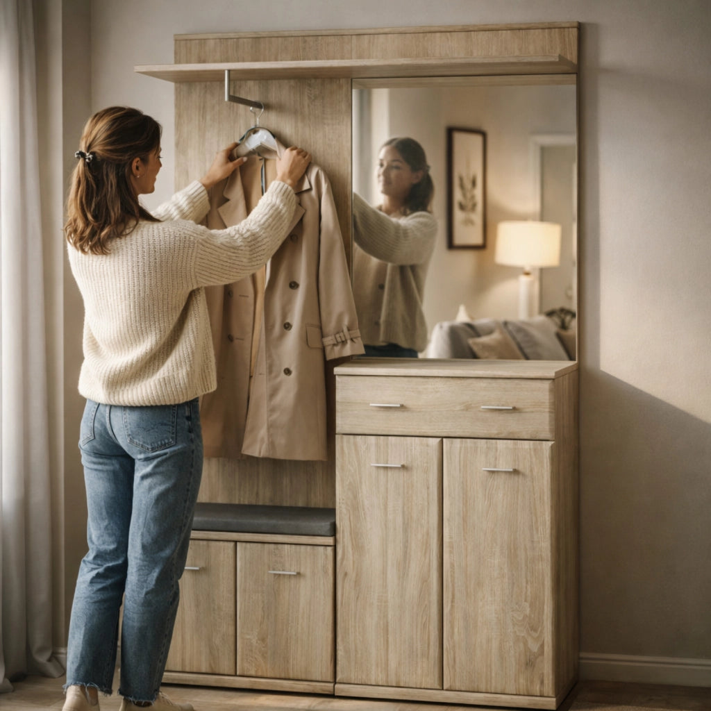 Set Ingresso Con Panca Portascarpe Appendiabiti Mobile Entrata Specchio Mobiletto Contenitore Multifunzione Salvaspazio Corridoio Casa Design Moderno 120 x 32 x 203 Cm Rovere