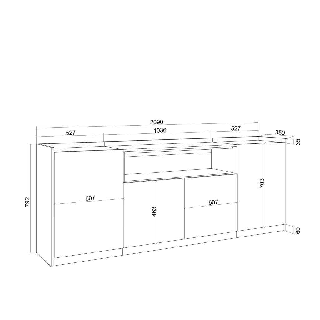 Credenza, Mobile, Cucina, 207x80x37 cm, 4 Porte, LED, Nero e rovere