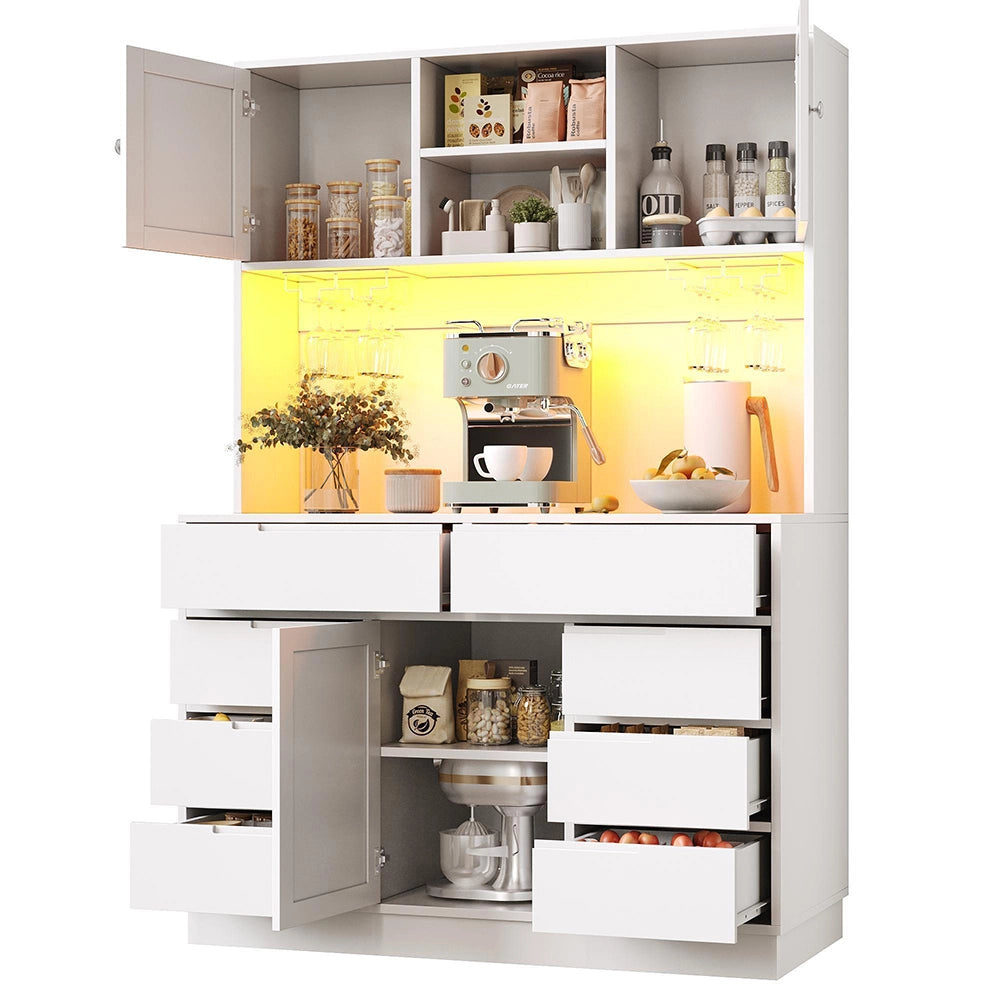 Armadio da cucina moderno con illuminazione LED intelligente - Xylo - 120x40x183,5 cm, bianco, 8 cassetti, chiusura magnetica, ripiani regolabili