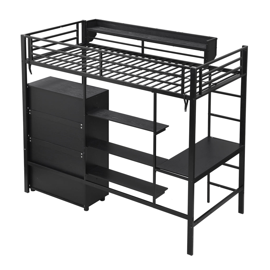 LETTO a castello 90x200 cm Nero in metallo e legno con tavolo e armadio