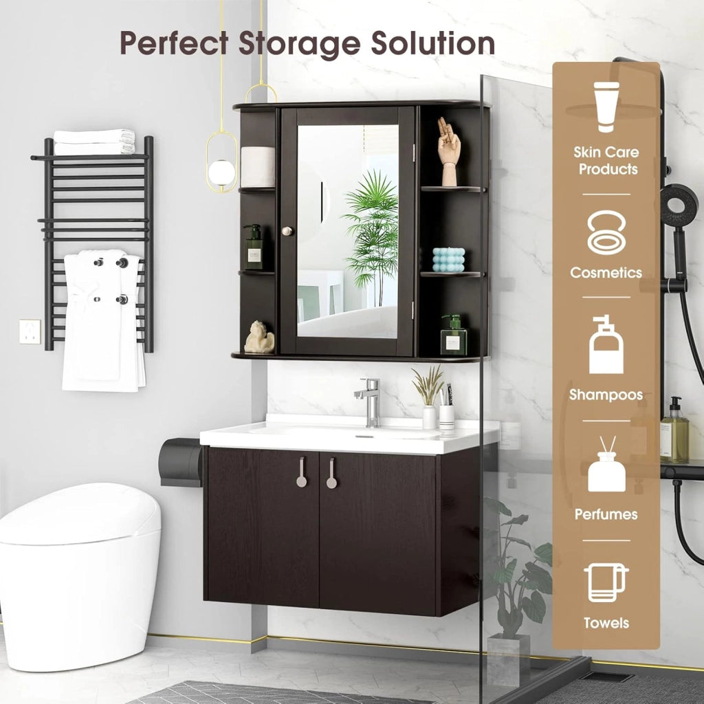 Armadietto Bagno a Parete, Mobiletto Pensile con Ante di Specchio, 6 Scomparti Laterali e 4 Ripiani di Stoccaggio, 3 Colori Disponibili, 65x17x64cm (Marrone)